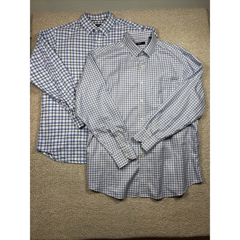 Lot of 2 Cremieux Button Down Shirt Mens XL Blue Plaid Long Sleeve 100% Cotton